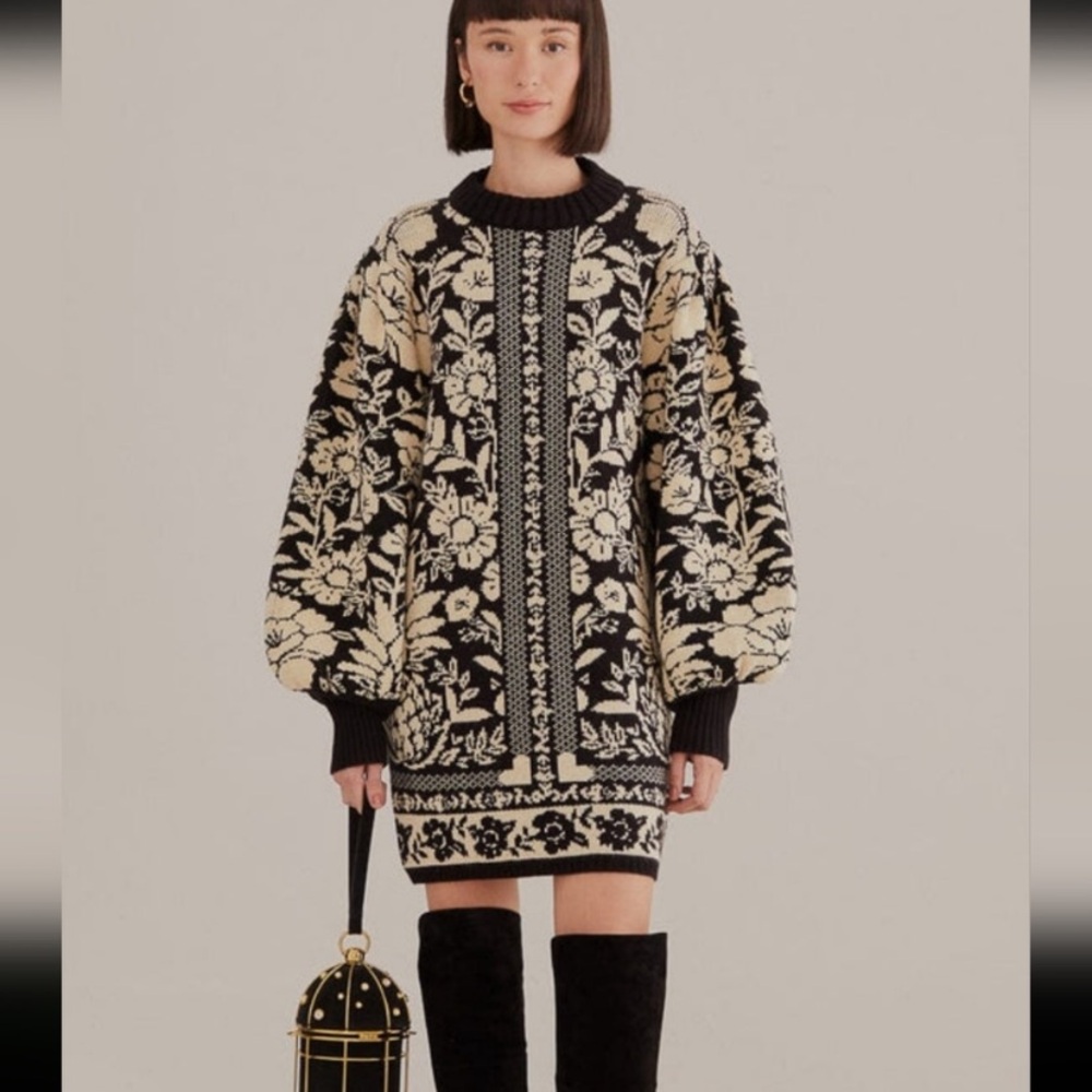 Farm Rio Black Pineapple Garden Mini Sweater Dress - Black and Cream Knit Dress